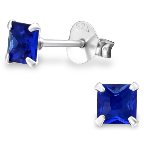 Strieborné náušnice 925, štvorce s kráľovsky modrým zirkónom - 4 mm