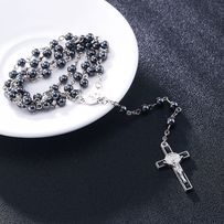 Ruženec na s glazúrovaným krížom, Ježíš Kristus, lesklé kovové koráliky