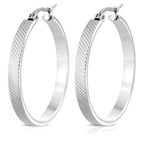 Okrúhle náušnice pre ženu, oceľ striebornej farby, šikmé ryhy - 33 mm