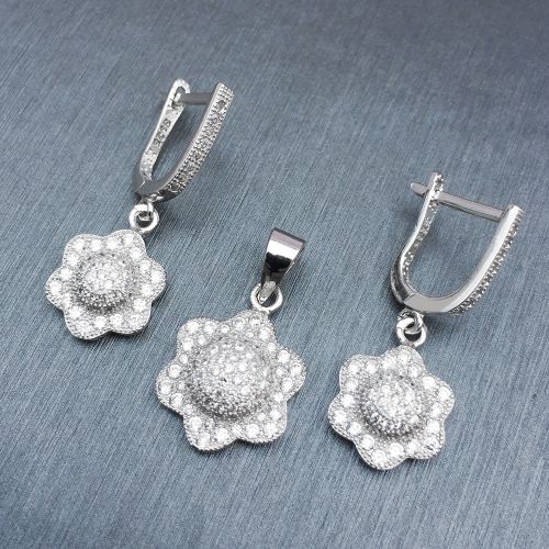 Set 925, náušnice a prívesok pre ženu, zirkónový číry kvietok
