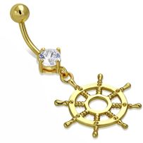 Piercing do brucha z ocele zlatej farby, číry zirkón, kormidlo