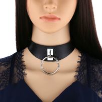 Čierny erotický choker, strieborný kovový krúžok, opasok