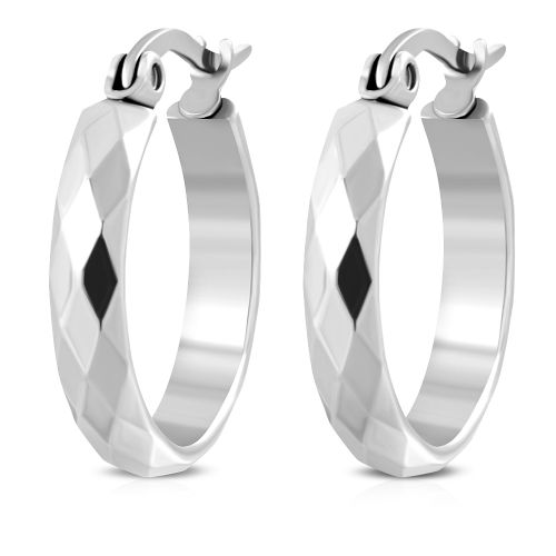 Náušnice kruhy striebornej farby, geometricky povrch, oceľ - 19 mm