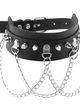 Kožený čierny erotický choker, strieborné ostne a retiazka