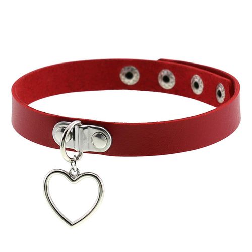 Červený erotický kožený choker, kontura srdce stříbrné barvy
