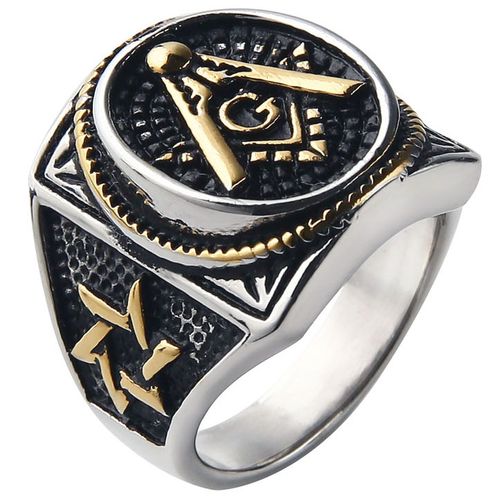 Pečatný prsteň pre muža z ocele, symbol slobodomurárov, patinovanie