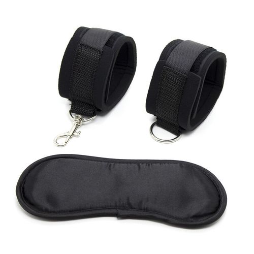 Erotic set, soft handcuffs and satin mask, black color