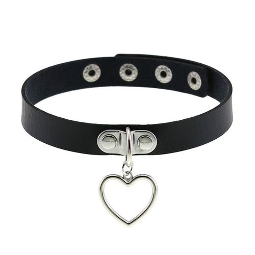Čierny erotický kožený choker, kontúra srdca striebornej farby