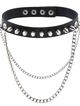 Černý erotický kožený choker, stříbrné kovové ostny a řetízek