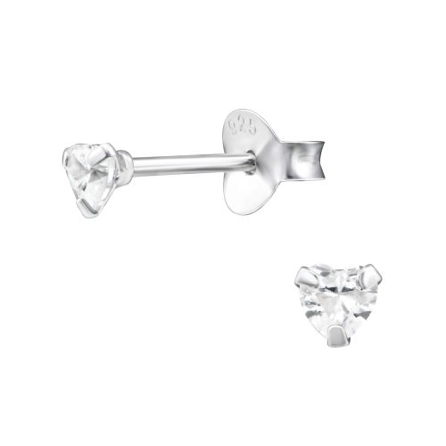 Detské strieborné náušnice 925, číre zirkónové srdcia - 3 mm