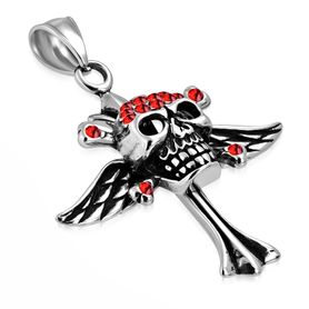 Prívesok lebka z ocele, krídla a červené zirkóny, strieborná patinovaná farba