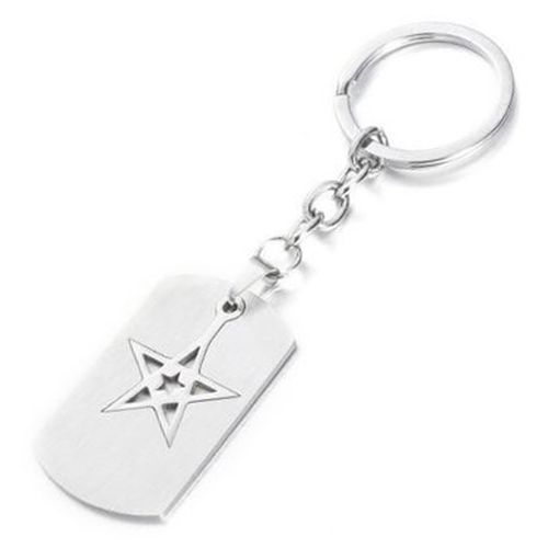 Prívesok na kľúče z ocele, pentagram a známka, strieborná farba