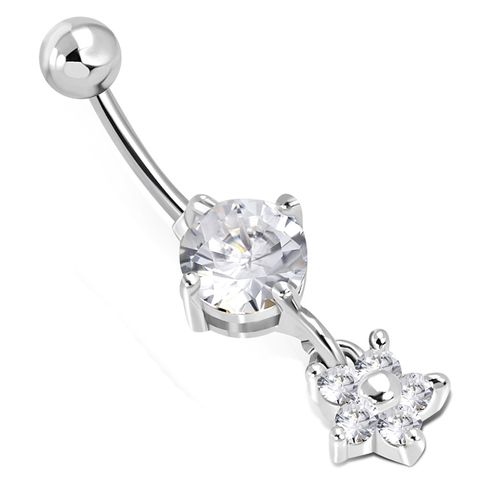 Piercing do brucha z ocele striebornej farby, zirkónový číry kvietok