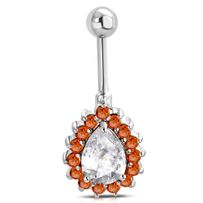 Piercing do pupka z ocele, zirkónová slza, oranžová a číra farba