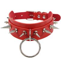 Červený erotický kožený choker, stříbrné kovové ostny a elementy