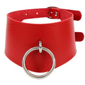 Červený erotický choker, stříbrný kovový kroužek, dvojité zapínání