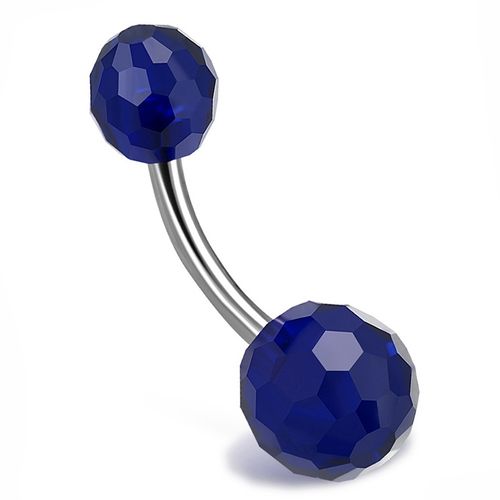 Piercing do pupka z ocele, tmavomodré brúsené "Disco" guličky