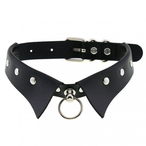 Černý erotický kožený choker, košilový límec, cvoky