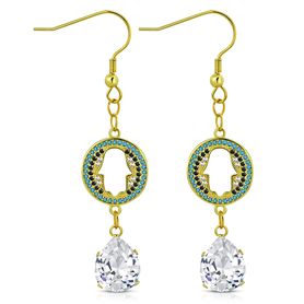 Visiace náušnice z ocele zlatej farby, číra slza a ruka Fatimy