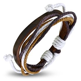 Rozťahovací náramok z hnedej kože a šnúrok hnedej a bielej farby - bižutéria