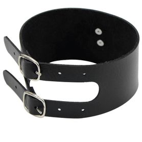 Black erotic choker, silver metal ring, double fastening