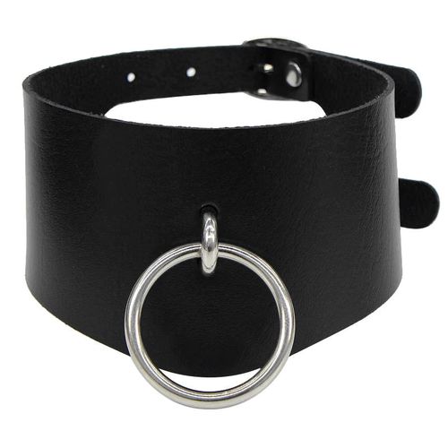 Čierny erotický choker, strieborný kovový krúžok, dvojité zapínanie