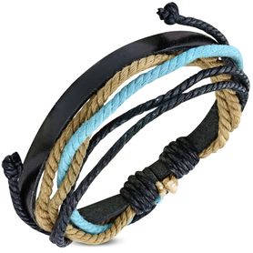 Multi náramok z kože a šnúrok, modrá, hnedá a čierna farba - bižutéria