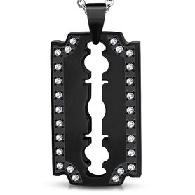 Prívesok na retiazku, žiletka z ocele čiernej farby, číre zirkóny