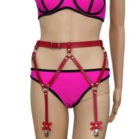 Red leather garter belt, clips and bows