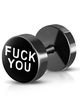 Falošný piercing z ocele, čierna farba, "FUCK YOU", fake plug