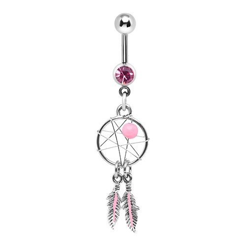 Piercing do brucha, oceľ so zirkónom, ružový korálik, lapač snov