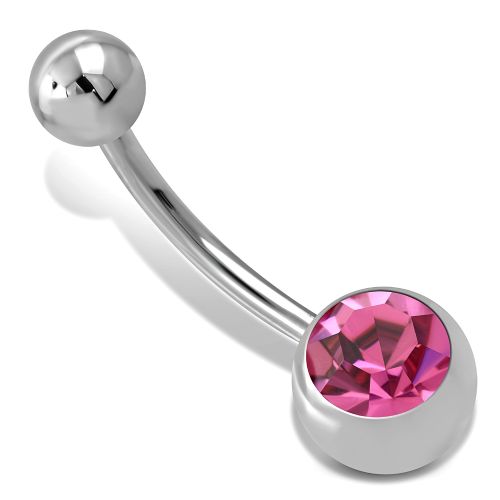 Piercing do pupka z ocele, gulička s ružovým zirkónom