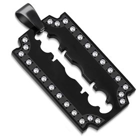 Prívesok na retiazku, žiletka z ocele čiernej farby, číre zirkóny