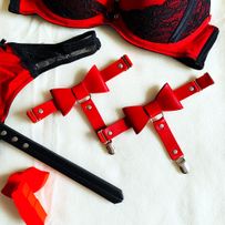 Leather leg garter, red leather and bow