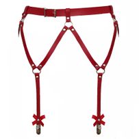 Red leather garter belt, clips and bows