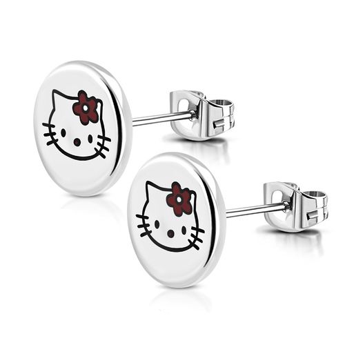 Puzetové náušnice striebornej farby, oceľ, potlač "Hello Kitty"
