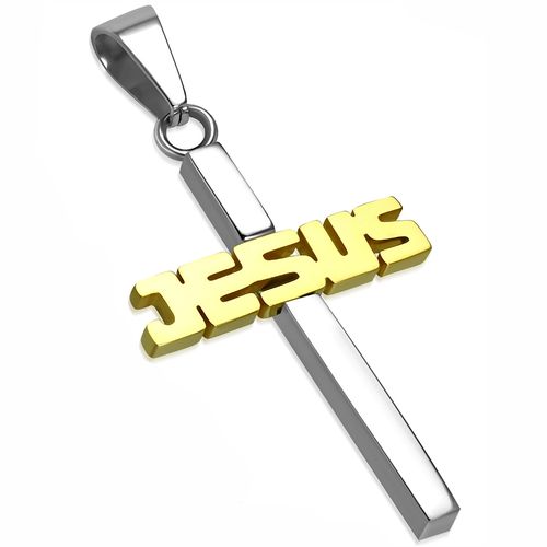 Prívesok kríž z chirurgickej ocele, nápis "JESUS", dve farby