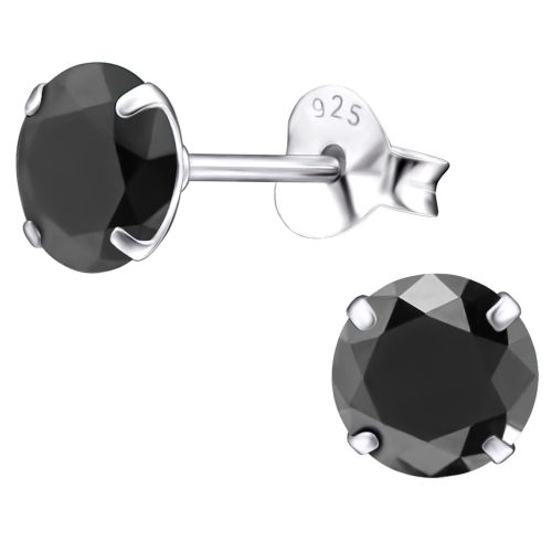 Strieborné náušnice 925, okrúhly čierny zirkón - 6 mm