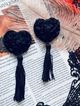 Nipple stickers with tassels, black lace hearts with roses