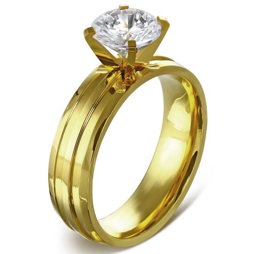 Zásnubný prsteň z ocele zlatej farby, ryhy a číry kamienok- Solitér